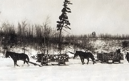 Hauling logs over the ice to build cabins near Winton, MN, 1926. Photo courtesy of Doris Patton Wegen