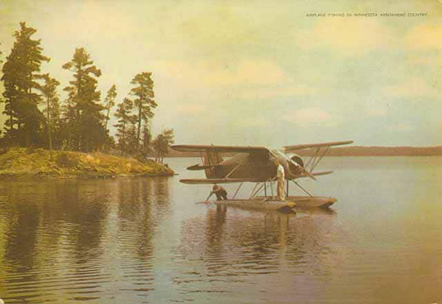 Postcard, men fishing from from a seaplane, 1945. Photo courtesy Minnesota Historical Society.