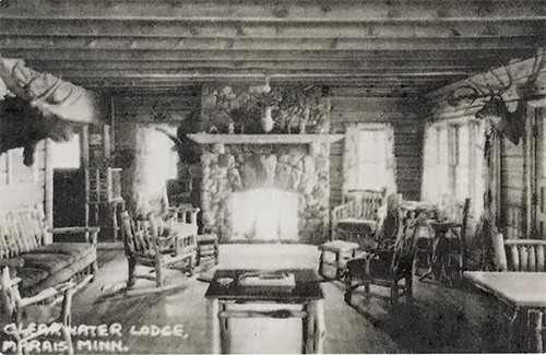 The fireplace at Clearwater Lodge on Clearwater Lake, 1940s. Photo courtesy Clearwater Lodge