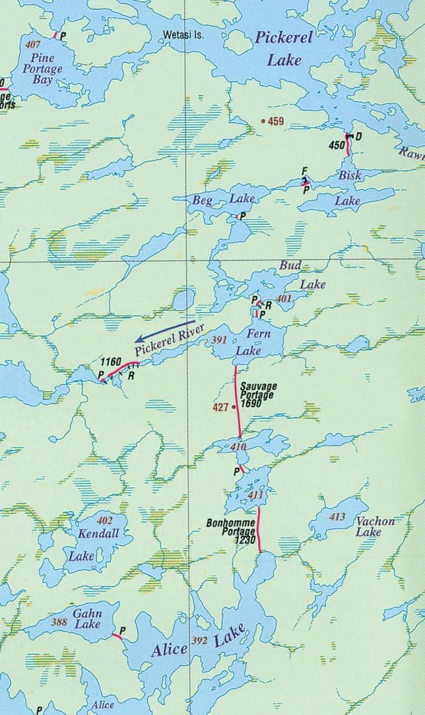 The Sauvage – Bonhomme shortcut appears on today’s Quetico Provincial Park map.