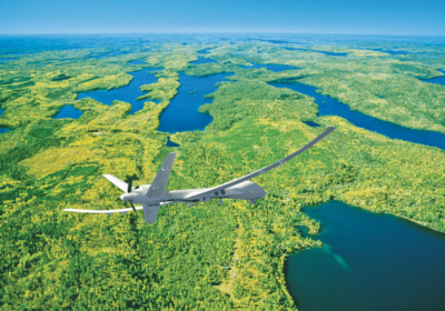 Photo courtesy of Airphoto – Jim Wark. Digital simulation—unmanned US Customs and Border Protection surveillance aircraft patrolling the Quetico-Superior border.