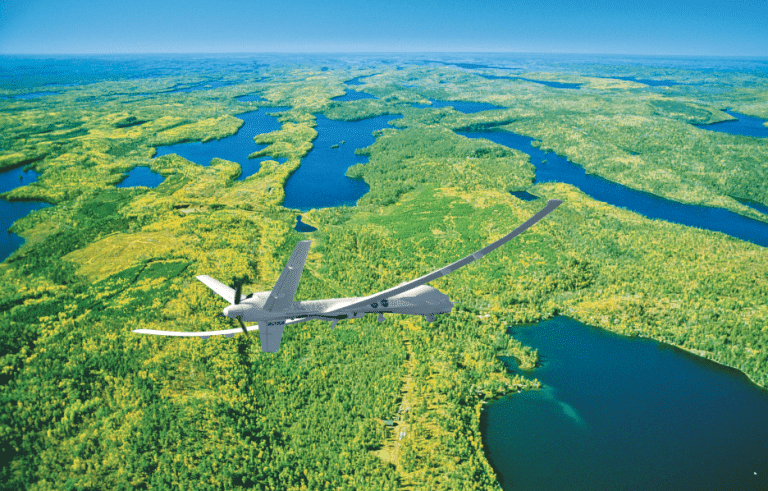 Photo courtesy of Airphoto – Jim Wark. Digital simulation—unmanned US Customs and Border Protection surveillance aircraft patrolling the Quetico-Superior border.