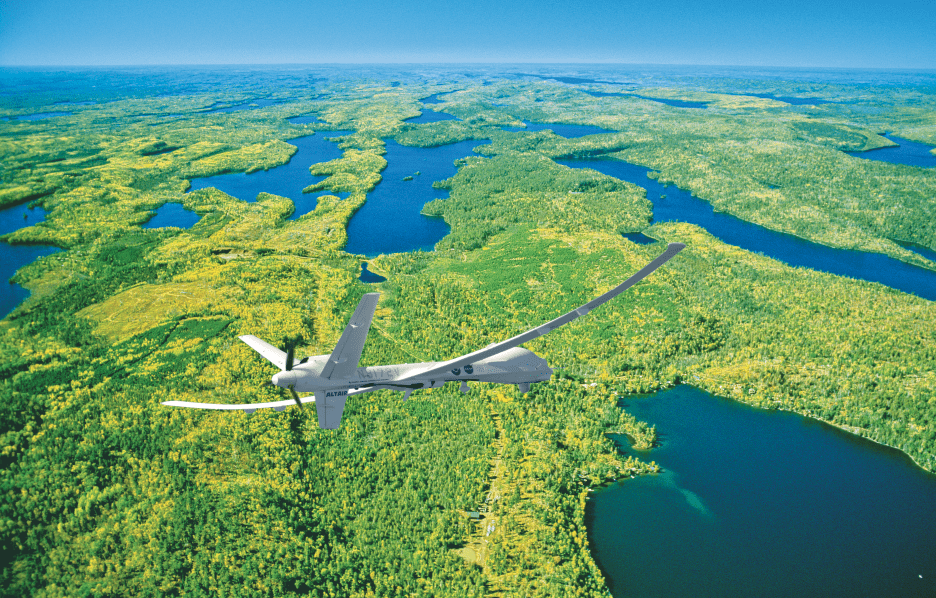 Photo courtesy of Airphoto – Jim Wark. Digital simulation—unmanned US Customs and Border Protection surveillance aircraft patrolling the Quetico-Superior border.