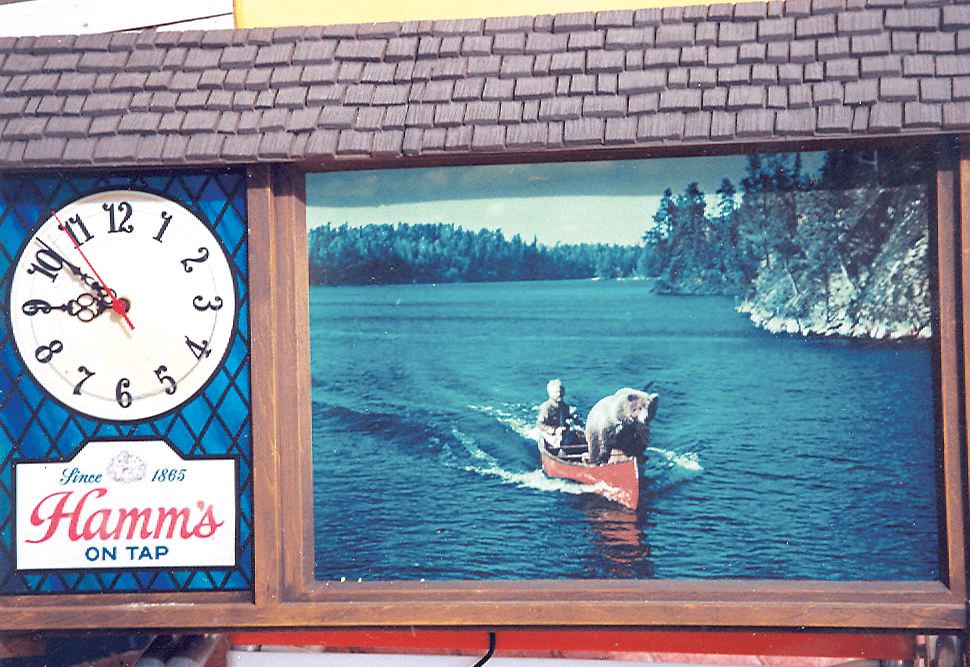 Bear in canoe—Hamm's beer advertisement. Photo by Les Blacklock, courtesy of Sue Kerfoot.