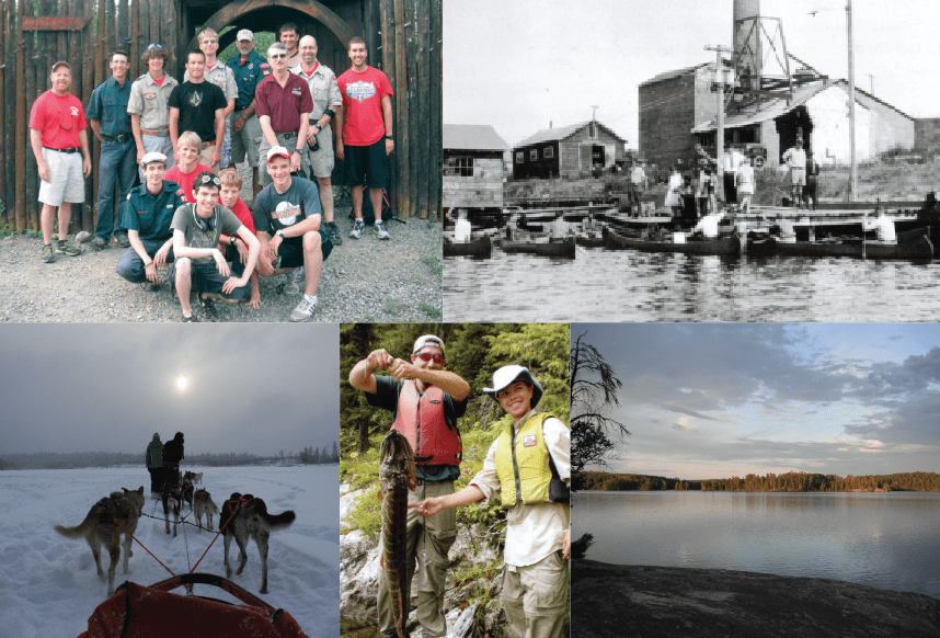 Scout groups choose the length and style of trip that meets their goals. During summer, some focus on fishing while others choose to cover as many miles on trail as possible. The Sommers Canoe Base also outfits groups during winter, introducing kids to dog sledding, skiing and winter camping. Photos: Top row left: Scout Troop 905, Colleyville, Texas at Sommers Canoe Base. Top right: Early canoe base located at Winton, Minnesota on Fall Lake. Bottom left: Musher Camp participants learn to work with the sled dogs on Flash Lake. Center: A Scout and his adult leader catch a big fish in the BWCAW. Bottom right: A calm evening on trail. Photos courtesy Greg Stringfellow and Northern Tier High Adventure Base.