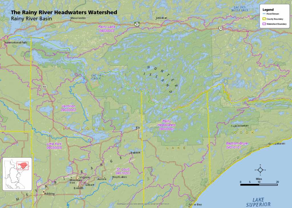 The Rainy River Headwaters Watershed is unique because it includes most of the Boundary Waters Canoe Area Wilderness, all of Quetico Provincial Park, and almost all of Voyageurs National Park. Map courtesy of the the Minnesota Pollution Control Agency.