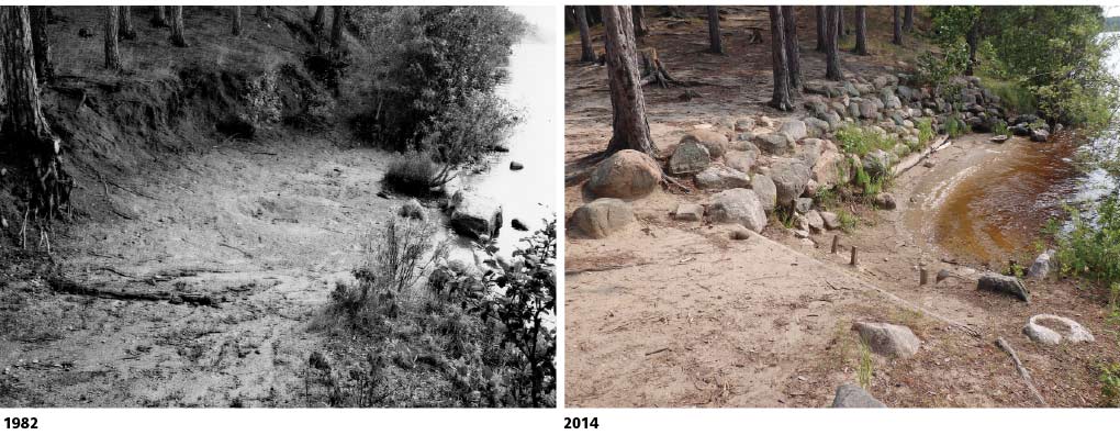 Photos of the same canoe landing in 1982 and 2014 show its eroded state and the intensive restoration performed.