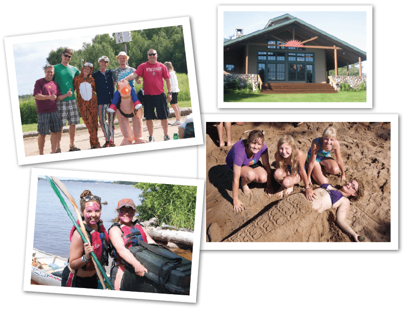 Top left: Costumed counselors greet campers and chaperones at Young’s Bay before heading to Laketrails by boat. Upper right: The Great Lodge houses the camp’s dining center and is a favorite spot to watch stunning sunsets. Lower right: Middle school campers enjoy some beach activities on their last day in camp. Lower left: Happy campers unload their canoes after a successful adventure.