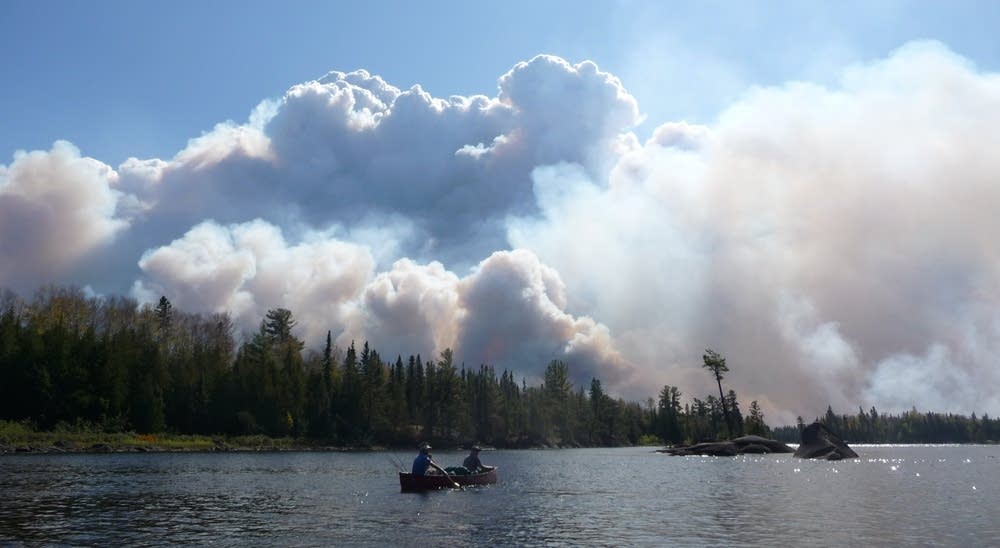 Paddling past the Pagami Creek Fire on Lake Four in September 2011. 