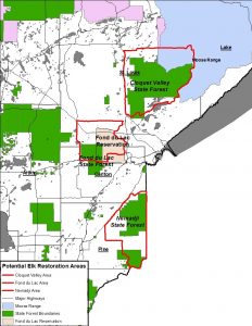 Map of potential elk restoration areas. (University of Minnesota)