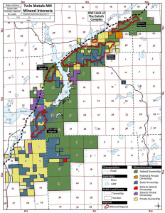 Map of Twin Metals mineral rights ownership, from the project's 2014 Pre-Feasibility Study. (Click to view full-size version, 7.7 MB file)
