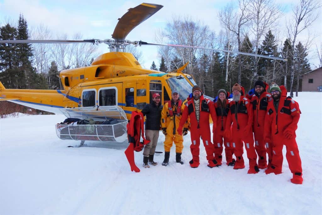The Isle Royale winter field crew arrives on the island by helicopter, the only way in during the winter. (Photo courtesy Phil Manlick, UW-Madison)
