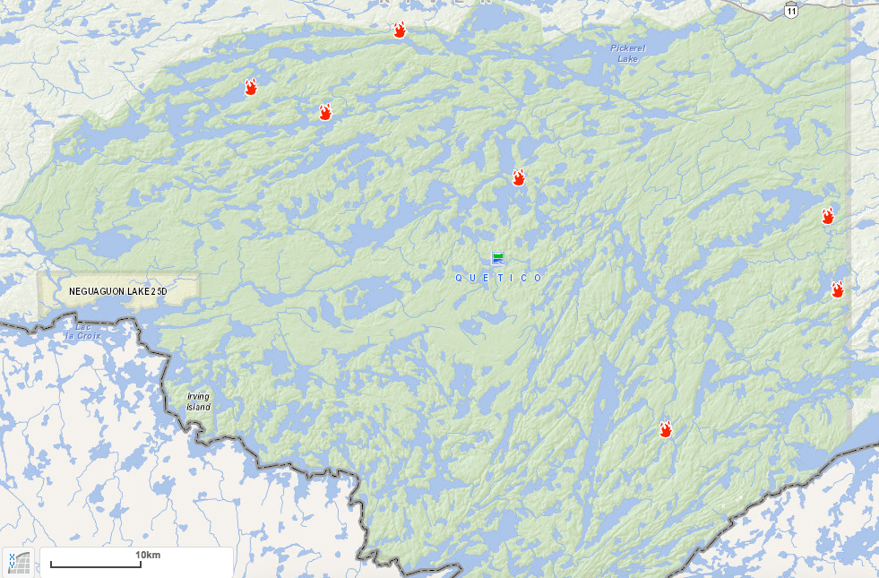 Map of current fires burning in Quetico. (Courtesy Ontario Ministry of Natural Resources and Forestry)