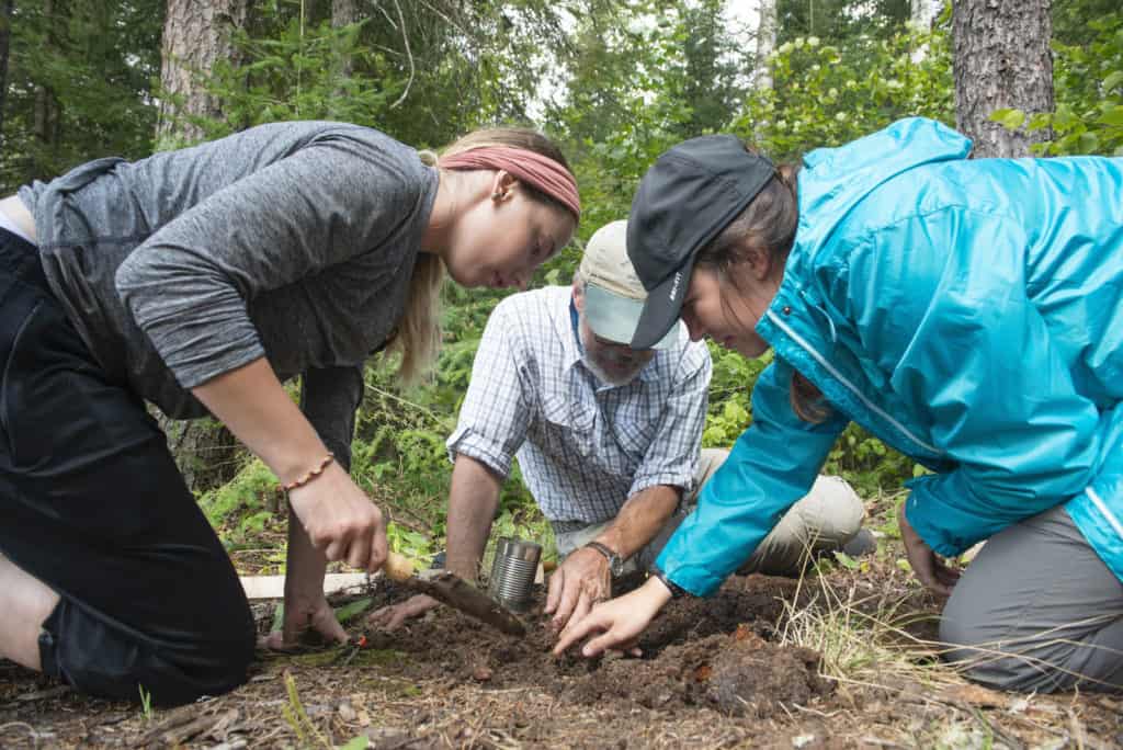 The UW-Eau Claire research team, including (from left) Megan Vaillancourt, Dr. Todd Wellnitz and Monica Dickson, is continuing to study samples taken from the Boundary Waters during two trips there this summer. (Photo by Shane Opatz, UW-Eau Claire)