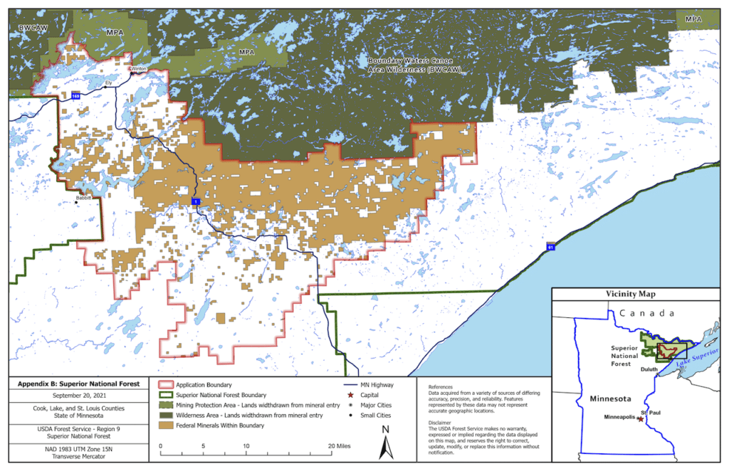Map showing Superior National Forest and Boundary Waters Canoe Area Wilderness, Minerals and Mining threat