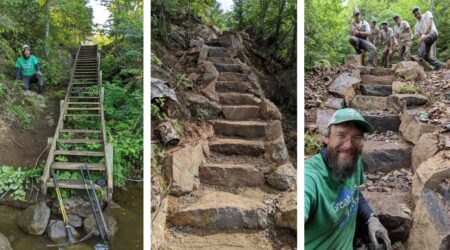 Crew replaces wooden Stairway Portage with stone,  works entirely by hand