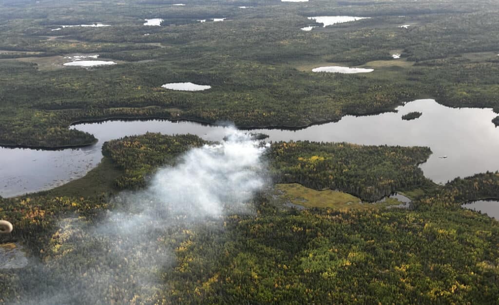 Aerial view of Wood Lake fire in BWCA