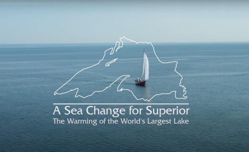 Sea Change for Lake Superior a sailboat shown with a map and documentary title