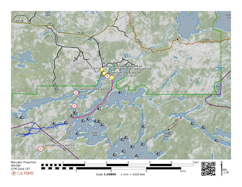 map of winter camping route Lake One