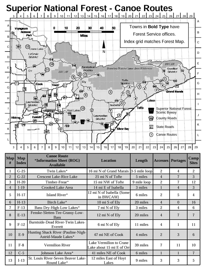 Map of Canoe Routes in Superior National Forest