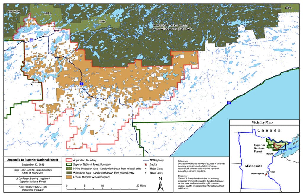 Map of 225,000 acre mineral withdrawal area Superior National Forest and Boundary Waters