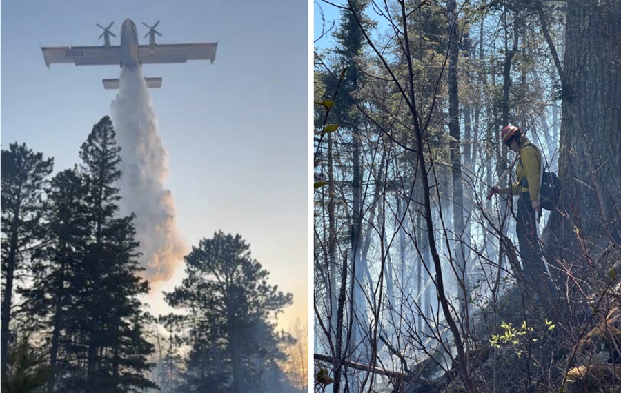 Airplane drops water on Stewart Trail Fire, firefighter puts out hotspot