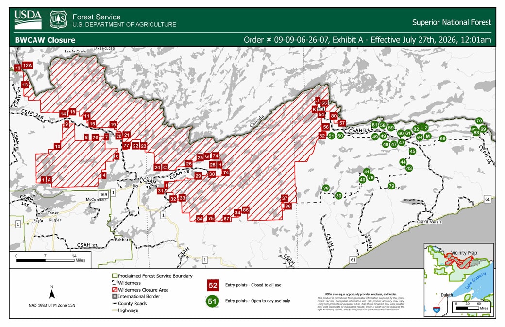 map showing BWCA entry points day use opening after fires