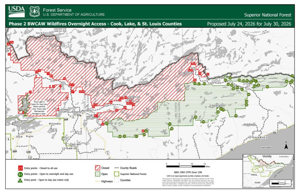 map showing BWCA entry points opening after fires