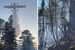 Airplane drops water on Stewart Trail Fire, firefighter puts out hotspot