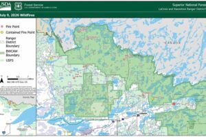 Map of forest fires in Boundary Waters Canoe Area as of July 7 2026
